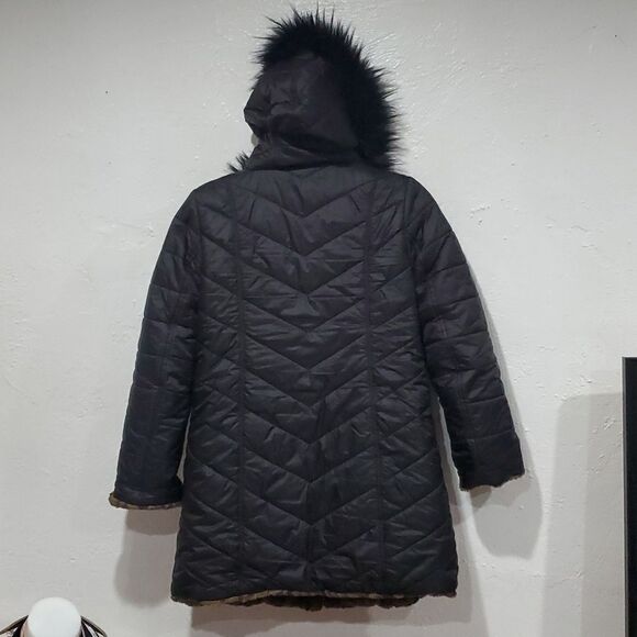Reversible Dennis Basso Coat - Black Puffer & Faux Fur Leapord Print Size XXS - Picture 11 of 16